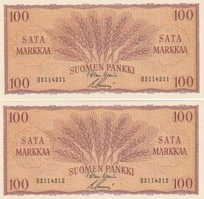 Suomi  100 mk 1957  2 kpl  O2114211- ...12 peräkk.no:t  kl 9