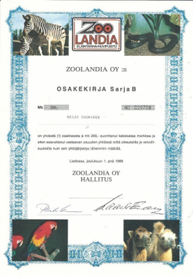 OKK 1988 Zoolandia Oy , Lieto osakekirja