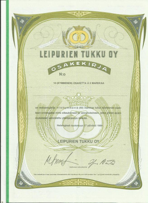 OKK 1989 Leipurien Tukku Oy spec, Helsinki pörssi osakek.