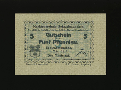 Saksa Notgeld 5 Pfennig, Schwabmünchen 1.3.1917