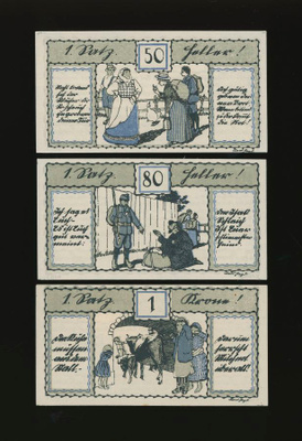 Itävalta Notgeld 50, 80 Heller, 1 Krone, Linz, 3. painos