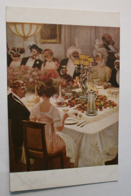 A. Guillaume: Illallisella, vanha väritaidekortti, p. 1914