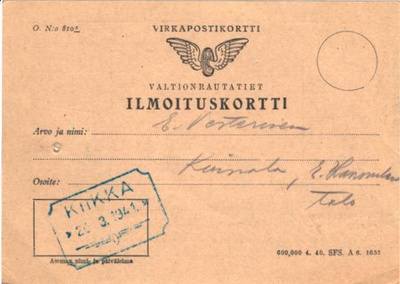 VALTIONRAUTATIEN ILMOITUSKORTTI KIIKKA ASEMALEIMA