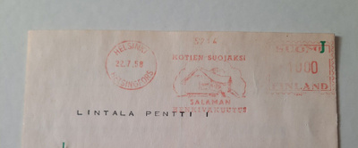 Kuva/firmaleima Salama Henkivakuutus, Helsinki 22.7.58