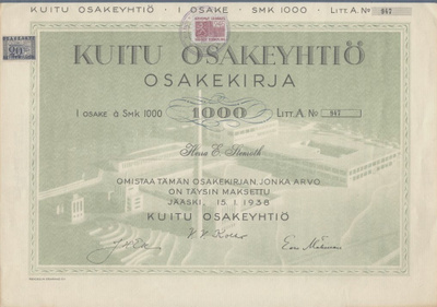OKK 1938 Kuitu Oy, Jääski pörssi osakekirja Karjala
