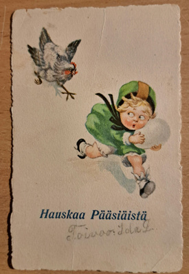 kana ajaa tyttöä, vanha, kulkenut käsipostissa