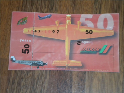 pinssi & postikortti Balkan Air Lines Bulgaria 50 years