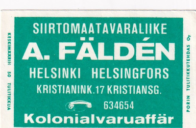 Helsinki, A. Fälden , Siirtomaatavaraliike 1/16