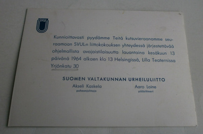 Helsinki 1964, SVUL:n liittokokouskutsu + ohjelma
