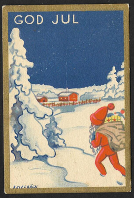 Tonttu lahjasäkki selässä , talo - B.Klefbäck