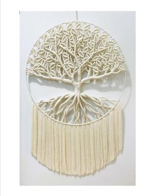 Valkoinen makramee Elämänpuu - 60 cm x 93 cm