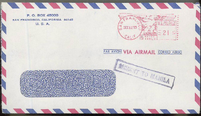 MISSENT TO MANILA -leima kirjeelä USAsta 1973