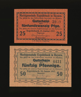 Saksa Notgeld 25, 50 Pfennig, Ergoldsbach 15.1.1917
