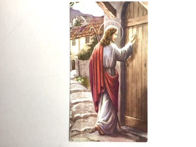 Pyhäkoulukortti Jeesus kolkuttaa ovella