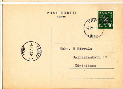 Postikortti Itä-Karjala Sot.Hallinto Teru Leima 1944