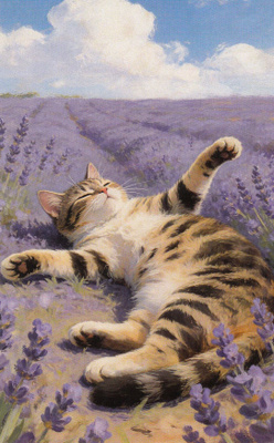 Kissa laventelipellossa