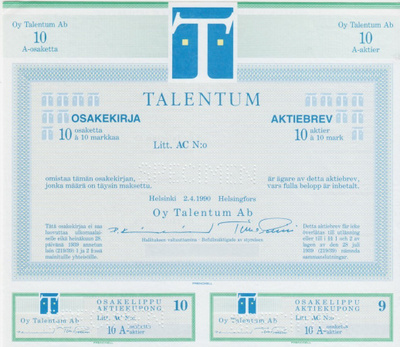 OKK 1990 Talentum Oy spec, Helsinki pörssi osakekirja