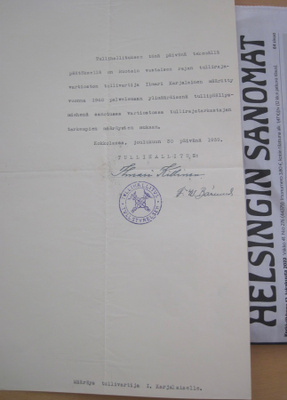 VANHA Määräys Tullirajatarkastajaksi Lappi 1940 Talvisota