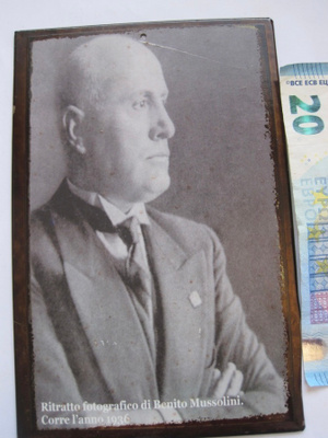 VANHA Potretti Metallilevyllä Benito Mussolini 1936