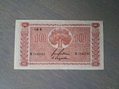 10 markkaa, mk 1945 Litt. B B1940645 kl. 8