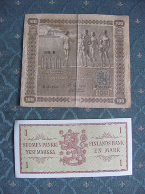 100 mk 1939 ja 1mk 1963.