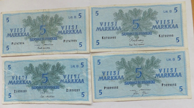 4 Seteliä 5 mk 1963 Litt B Sarjat P K Z