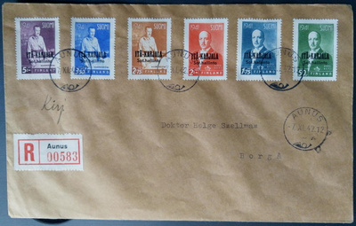 Itä-Karjala -merkit AUNUS -leimalla 1942 Porvooseen