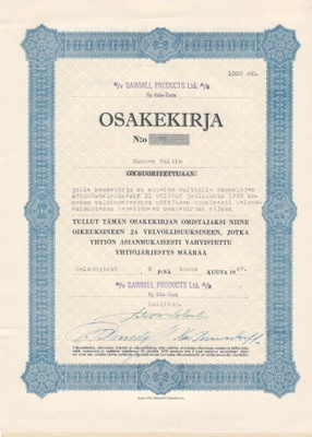 OKK 1947 Sawmill Products Oy, Helsinki osakekirja