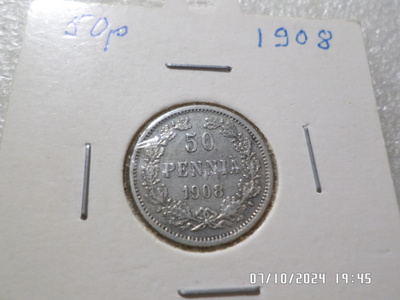 50 penniä 1908 kulkematon komee kl 7-8 rahakehyksssä
