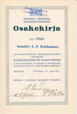 OKK 1921 Riihimäen-Hyvinkään Sanomalehti Oy, Riihimäki
