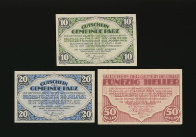 Itävalta Notgeld 10, 20, 50 Heller, Parz 1920
