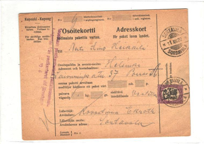 POSTIOSOITEKORTTI SORTAVALA/SORDAVALA
