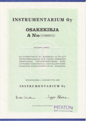 OKK 1982 Instrumentarium Oy, Helsinki pörssi osakekirja
