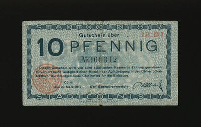 Saksa Notgeld 10 Pfennig, Köln 29.3.1917 Lit. D1 F