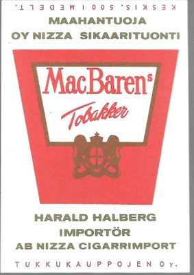 TT-ETIKETTI MAC BAREN TOBAKKER SIKAARITUONTI SILEÄ OY NIZZA