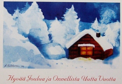 Mökki ja luminen metsä Joulukortti