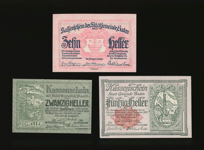 Itävalta Notgeld 10, 20, 50 Heller, Baden 1920