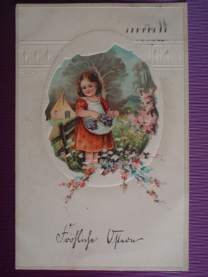 Tytöllä kukkaset esiliinassa WANHA 1913