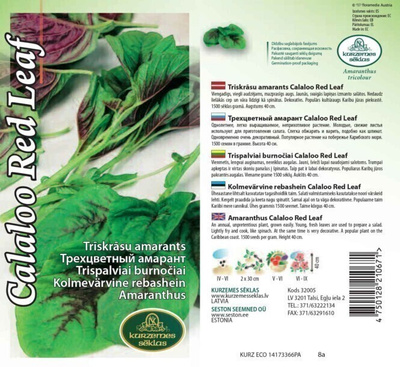 Revonhäntä "Calaloo Red Leaf" siemenet #