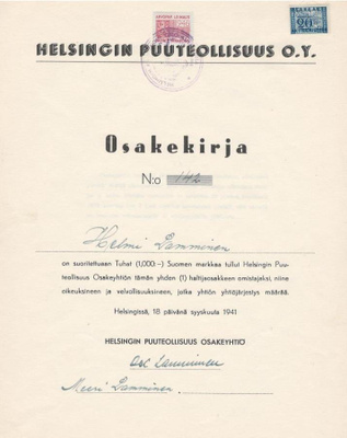 OKK 1941 Helsingin Puuteollisuus Oy, Helsinki osakekirja