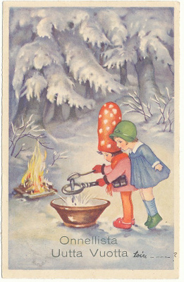 Tyttöset valavat tinaa - vanha kortti