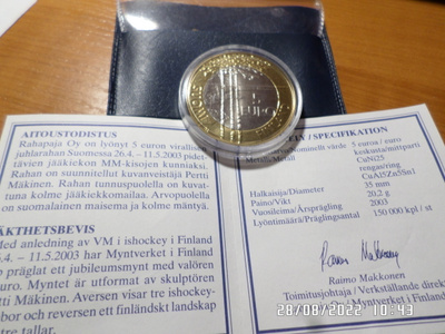 5  euroa   2003  jääkiekon MM - kisat  juhlaraha  Pillerisä