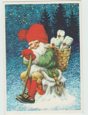 Tonttu istuu kannolla , säkki selässä  (7x11)    (T)