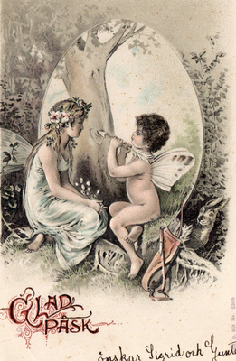 Vanha pääsiäiskortti-tyttö ja pikku-amor, koho