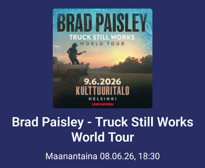 Brad Paisley 8.6.2026 Kulttuuritalo permantolippu