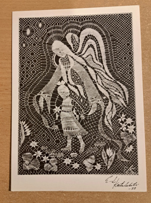 käsityö, nyplätty kuva Suojelusenkeli 1979, käsipostia