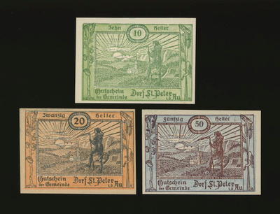 Itävalta Notgeld 10, 20, 50 Heller, St. Peter