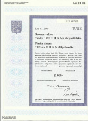 Suomen valtion 1982 II 11 1/4 %:n obligaatiolaina(1000 mk)