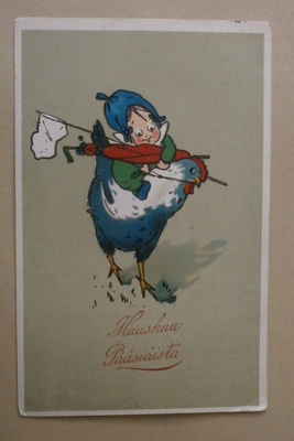Lapsi ratsastaa kanalla, vanha Pääsiäispk, p. 1924