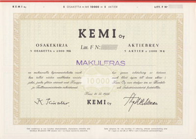 OKK 1953 Kemi Oy bla, pörssi osakekirja